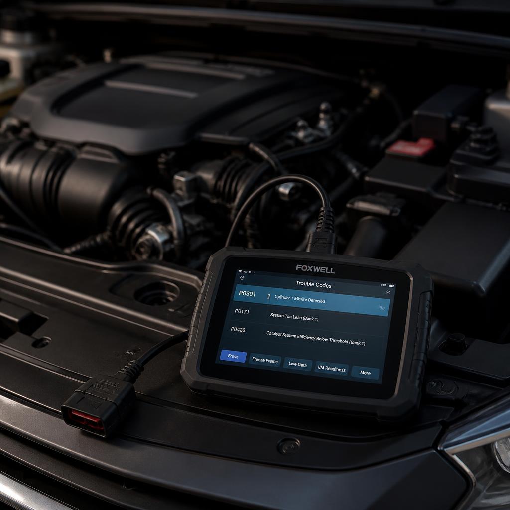 Modern car engine bay with a professional OBD diagnostic scanner cable connected and dashboard screen glowing, cinematic lighting, photorealistic, no people